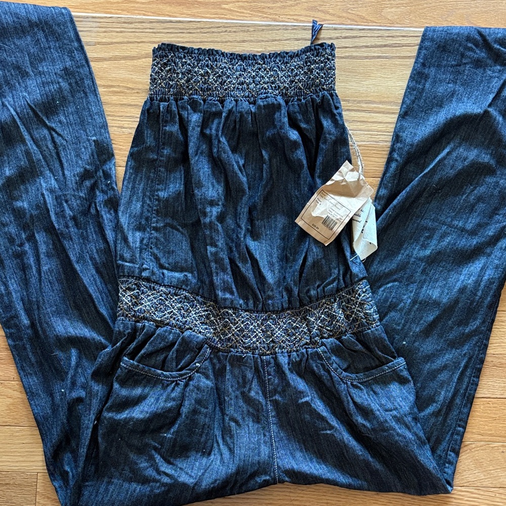 Dark Blue Smocked Waist Jumpsuit